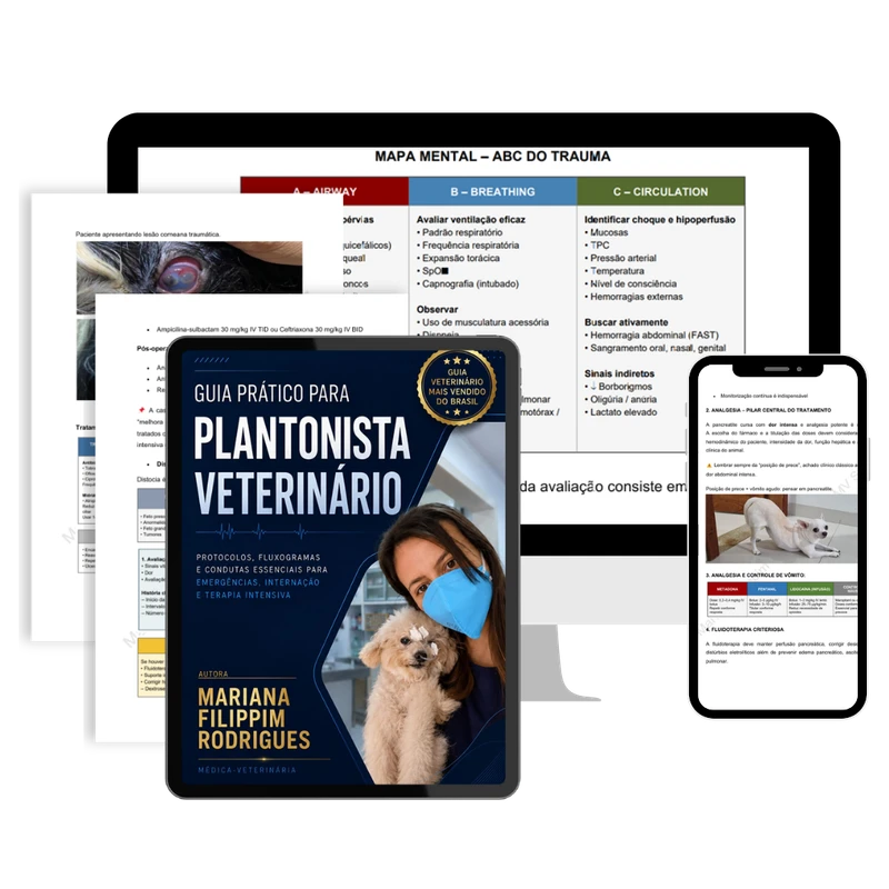 Capa e páginas do Guia para Plantonista Veterinário exibidas em tablet e celular