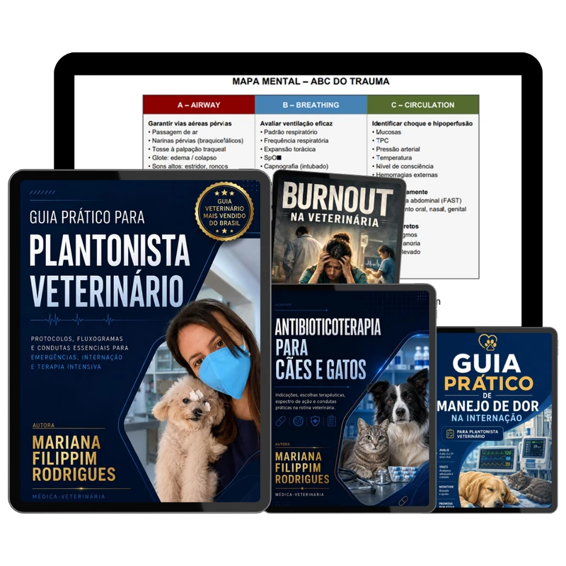 Tablet exibindo a capa do Guia para Plantonista Veterinário